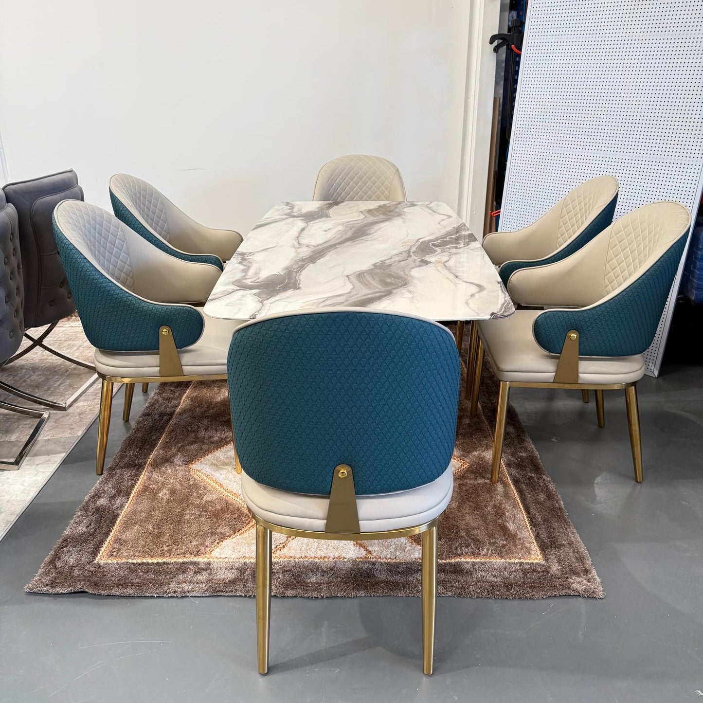 Selena Faux Marble Dining Table + 6 Chairs Set - Gold