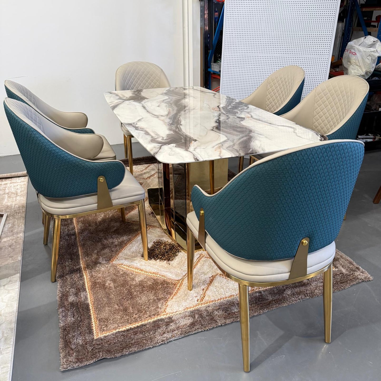 Selena Faux Marble Dining Table + 6 Chairs Set - Gold