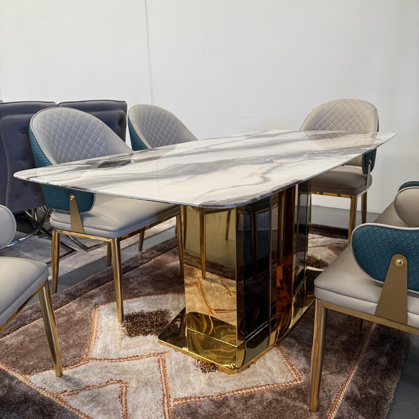 Selena Faux Marble Dining Table + 6 Chairs Set - Gold