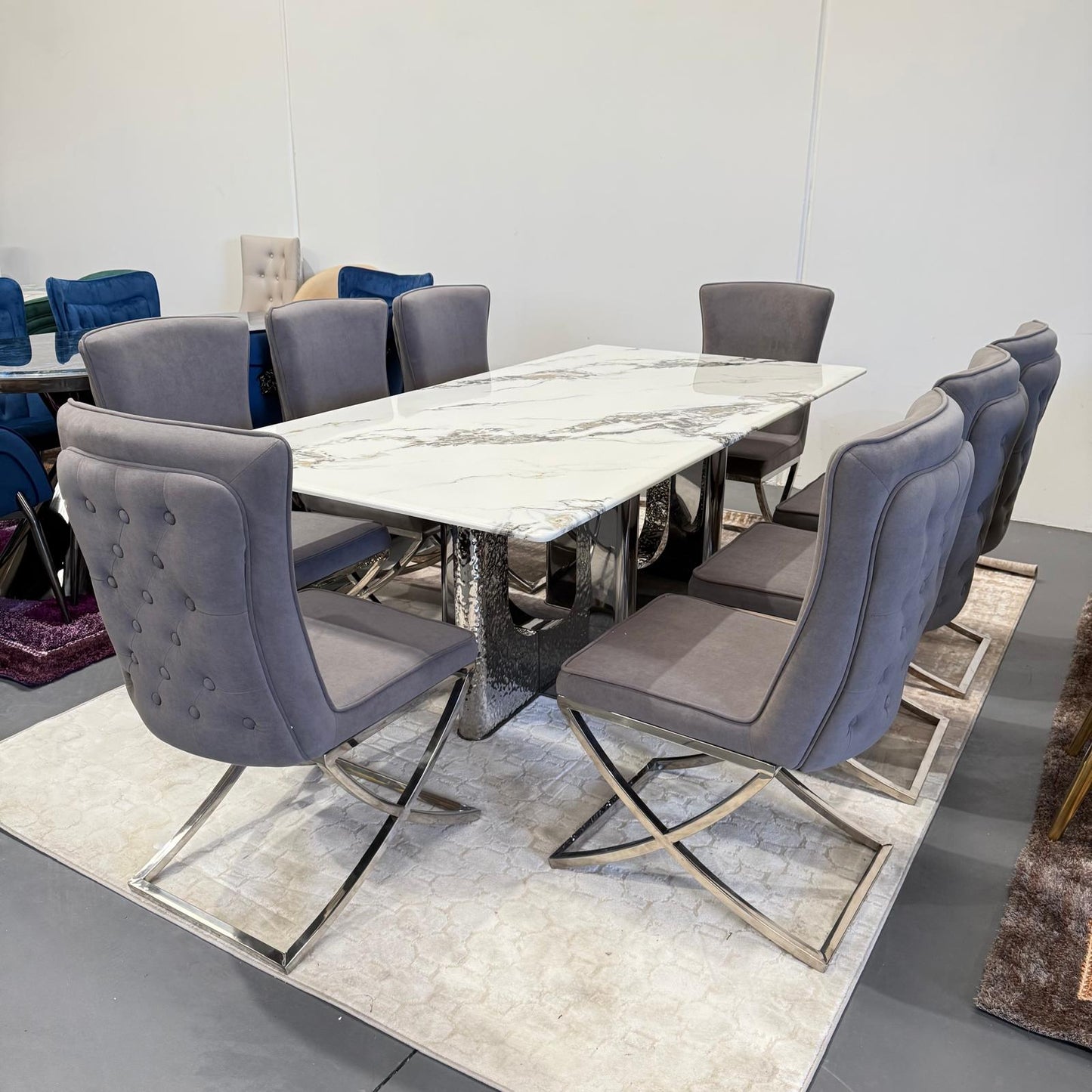 Sierra Faux Marble Dining Table + 8 Chairs Set - Silver