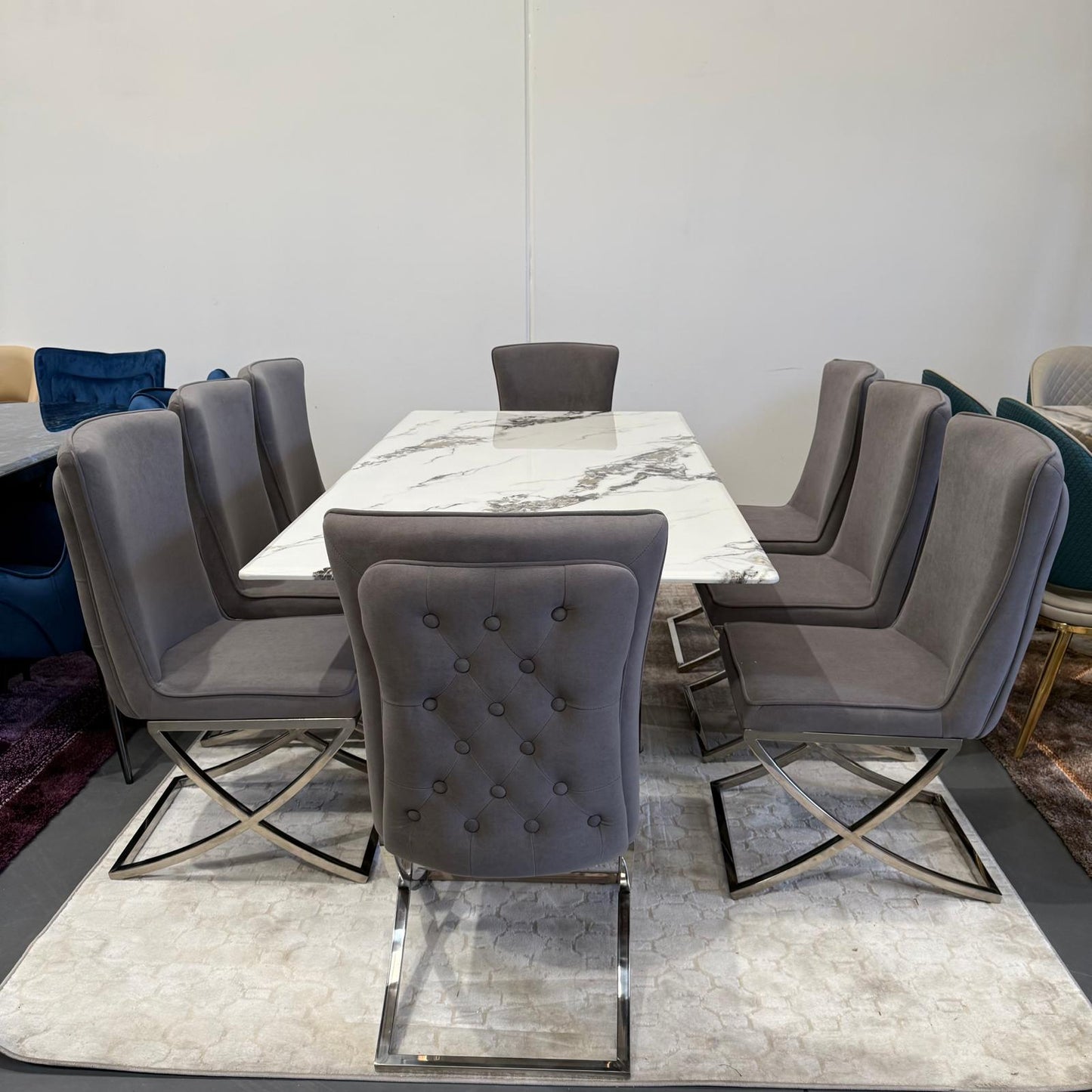 Sierra Faux Marble Dining Table + 8 Chairs Set - Silver