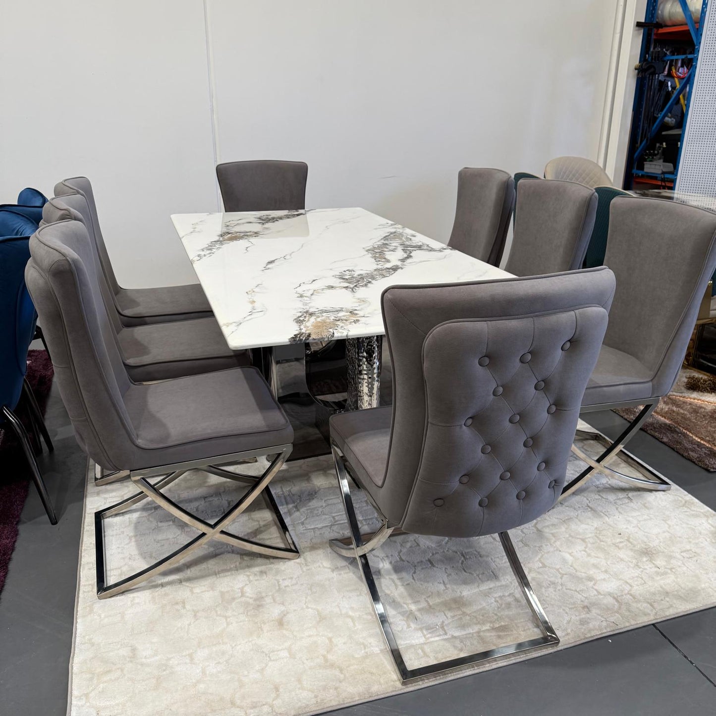 Sierra Faux Marble Dining Table + 8 Chairs Set - Silver