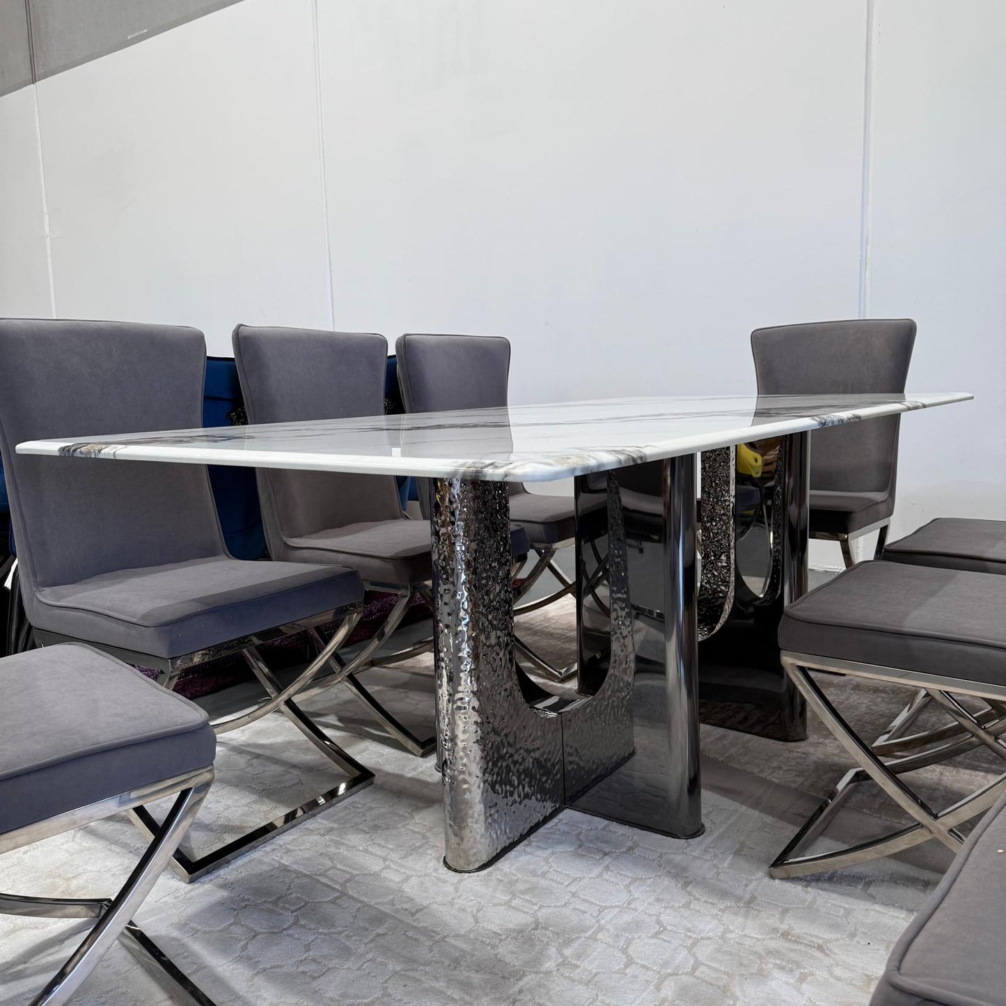 Sierra Faux Marble Dining Table + 8 Chairs Set - Silver