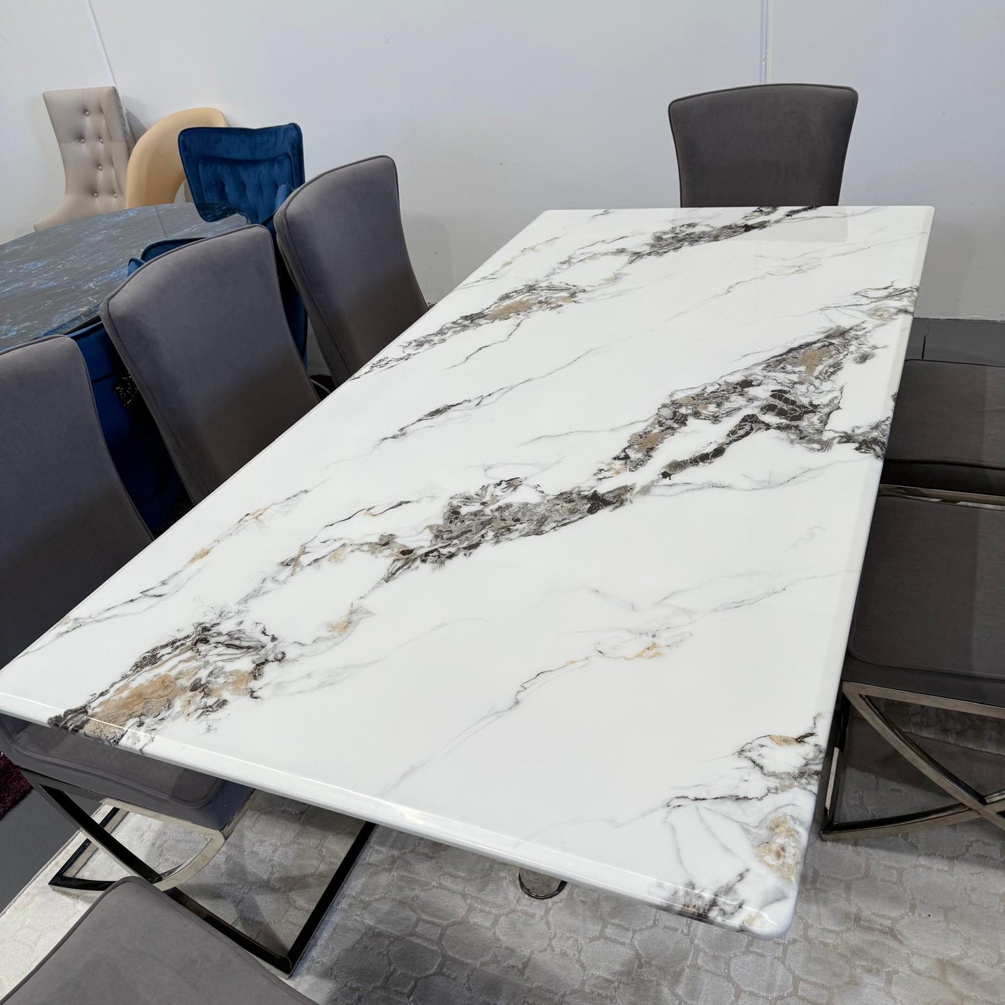 Sierra Faux Marble Dining Table + 8 Chairs Set - Silver