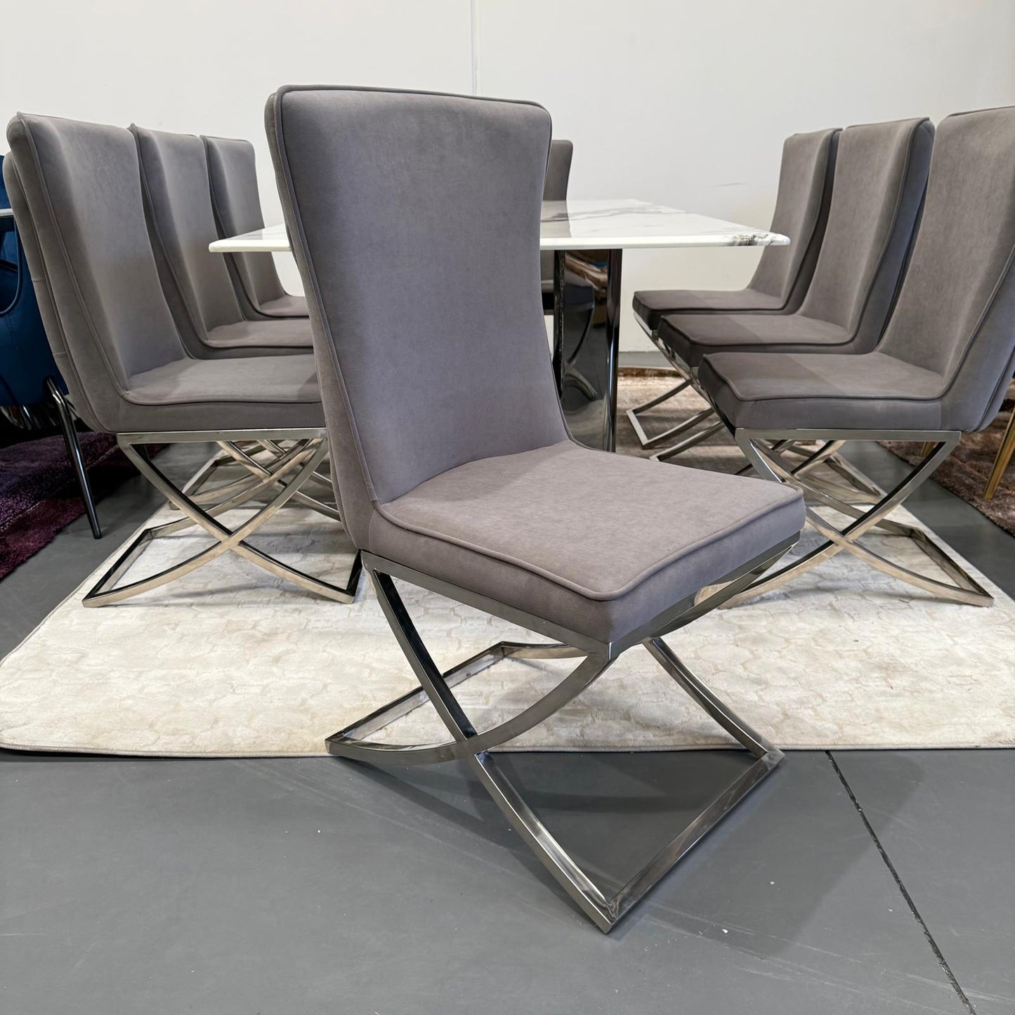Sierra Faux Marble Dining Table + 8 Chairs Set - Silver
