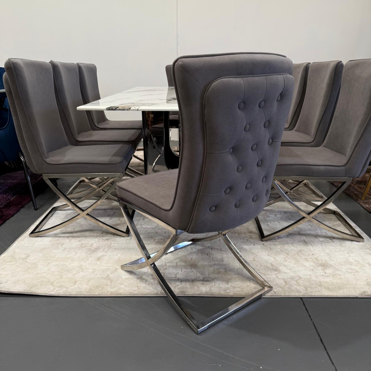 Sierra Faux Marble Dining Table + 8 Chairs Set - Silver
