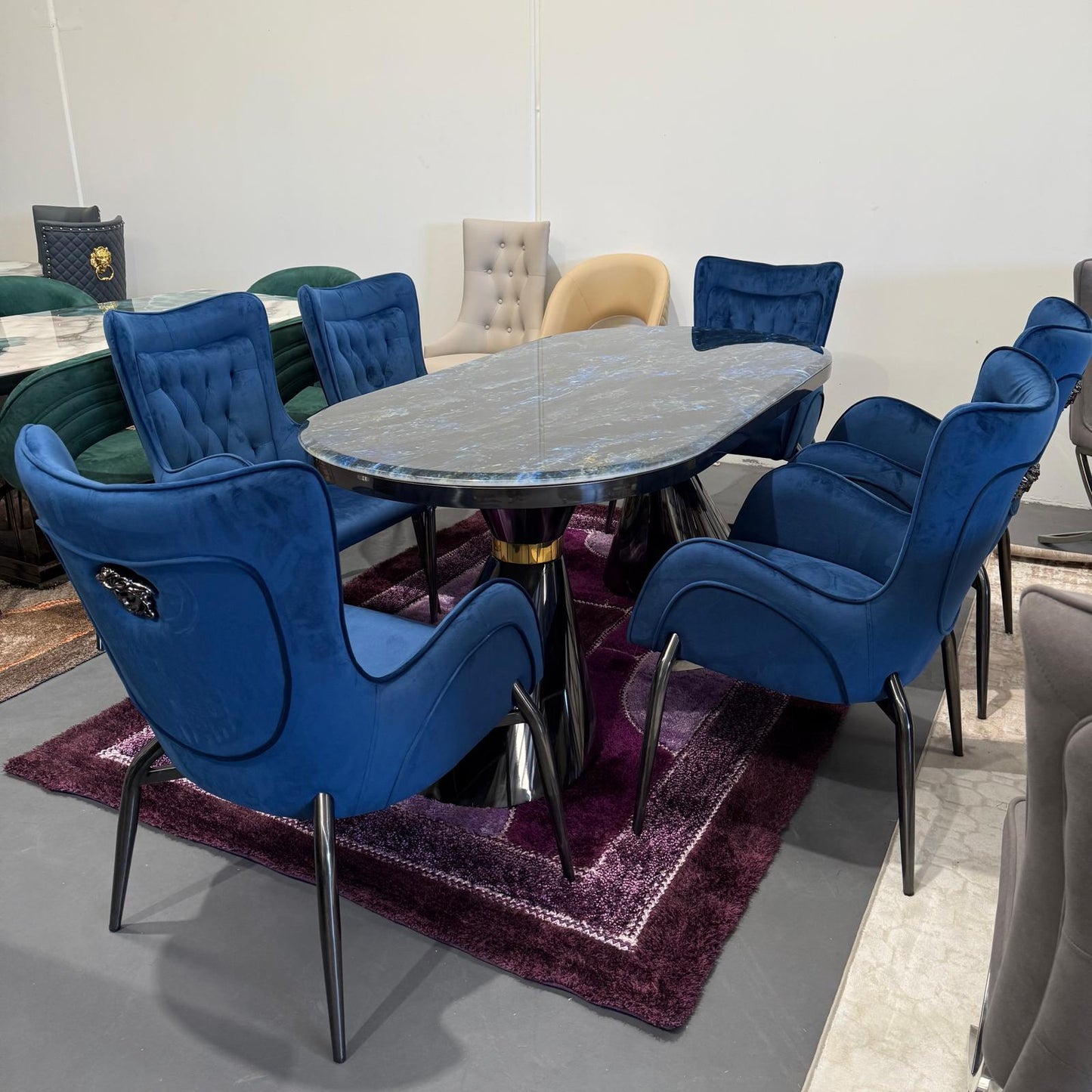 Luner Faux Marble Dining Table + 6 Chairs Set - Black