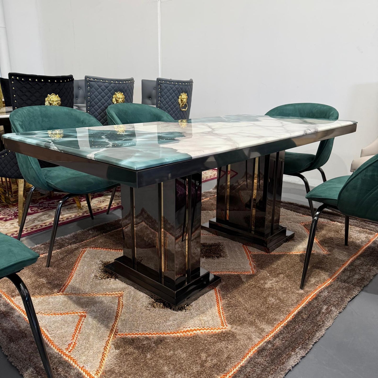 Ava Faux Marble Dining Table + 6 Chairs Set - Black/Green