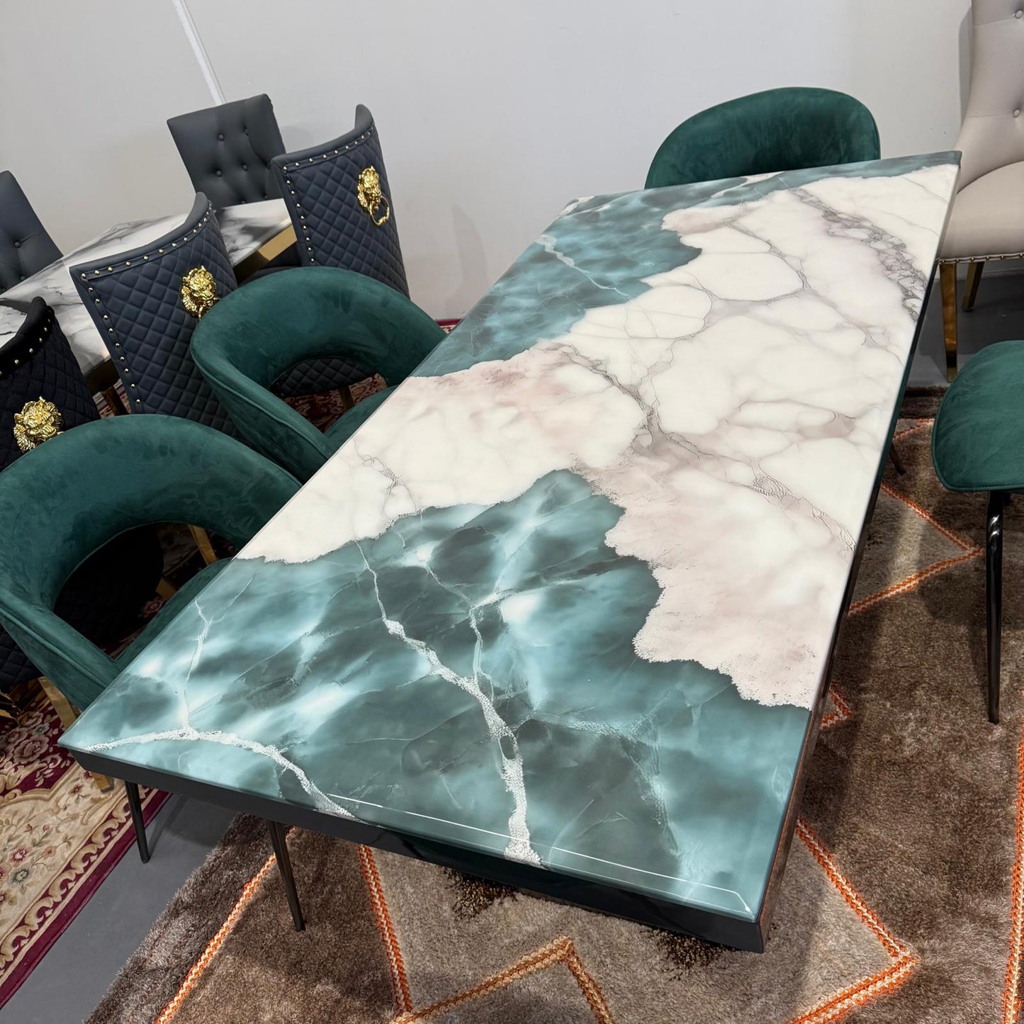 Ava Faux Marble Dining Table + 6 Chairs Set - Black/Green
