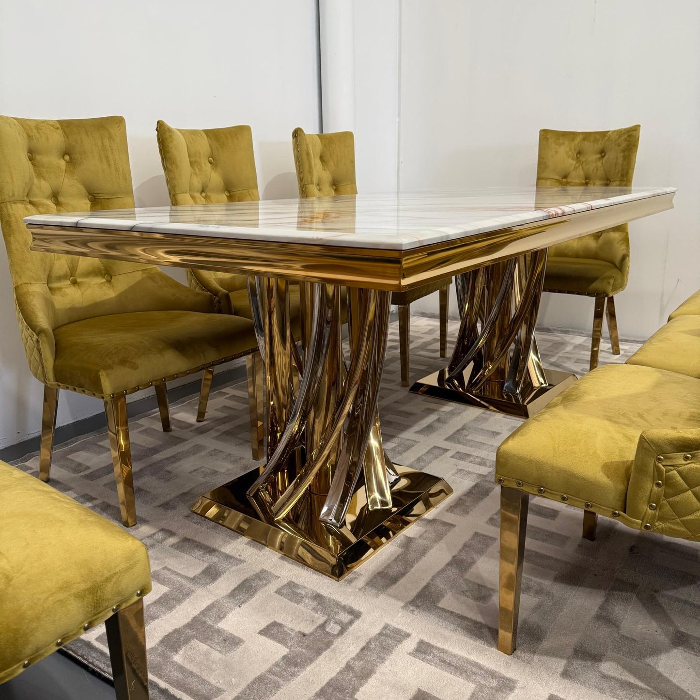 Elsa Faux Marble Dining Table + 8 Chairs Set - Gold