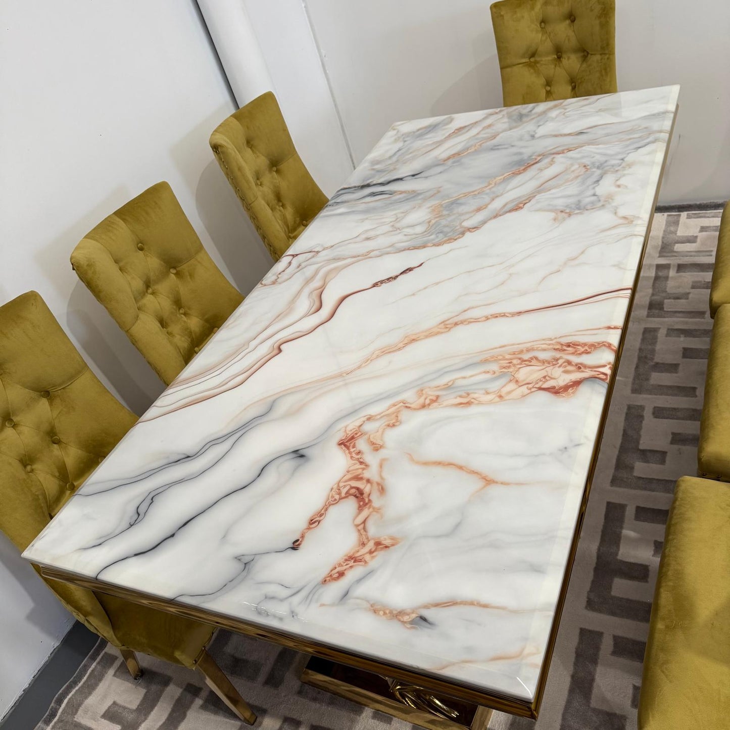 Elsa Faux Marble Dining Table + 8 Chairs Set - Gold