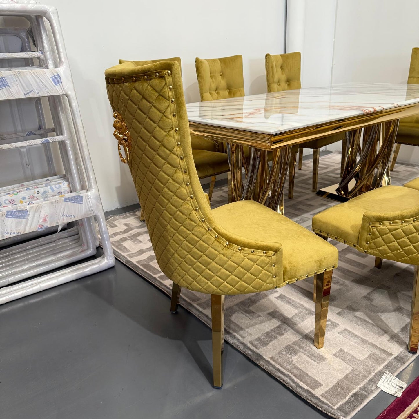 Elsa Faux Marble Dining Table + 8 Chairs Set - Gold