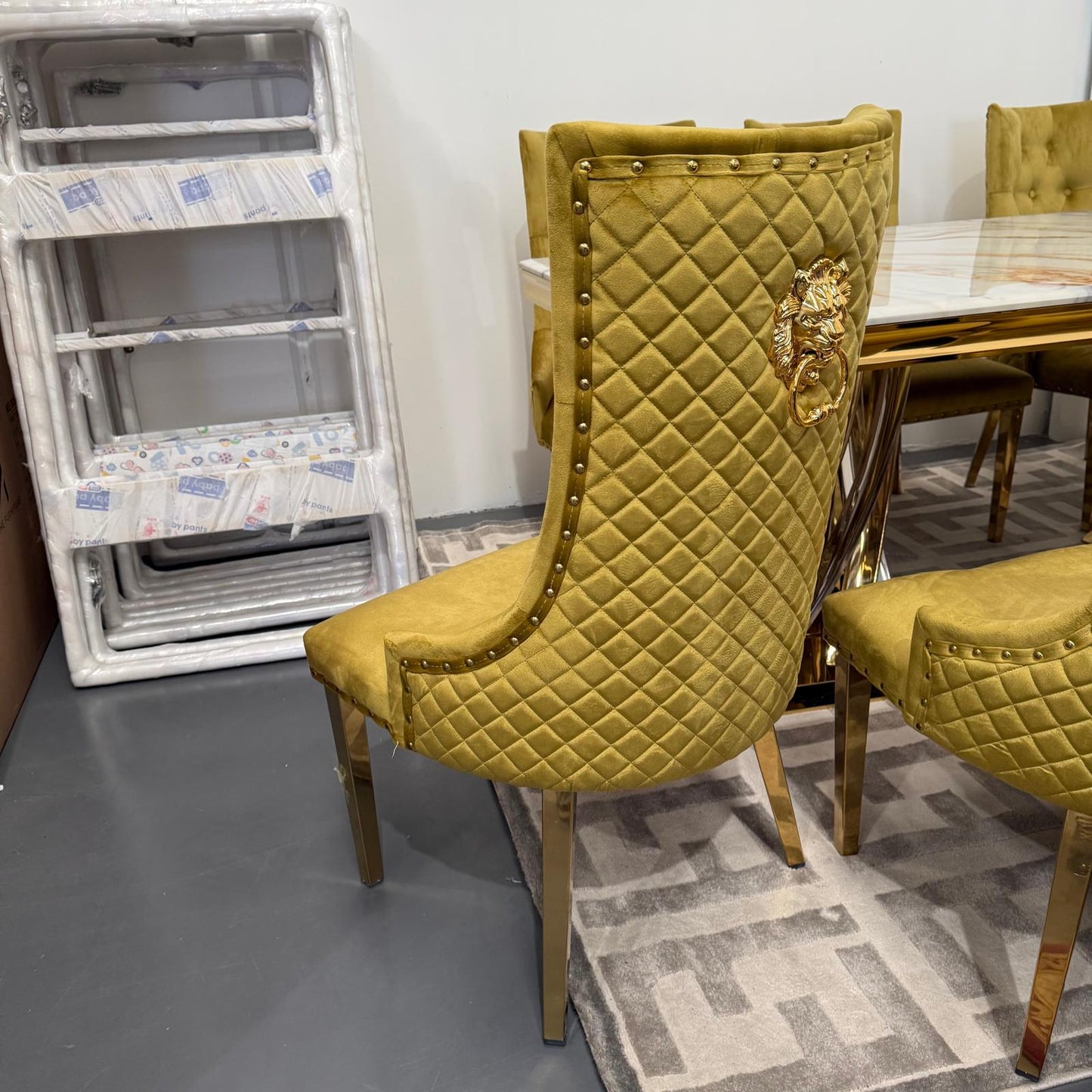 Elsa Faux Marble Dining Table + 8 Chairs Set - Gold
