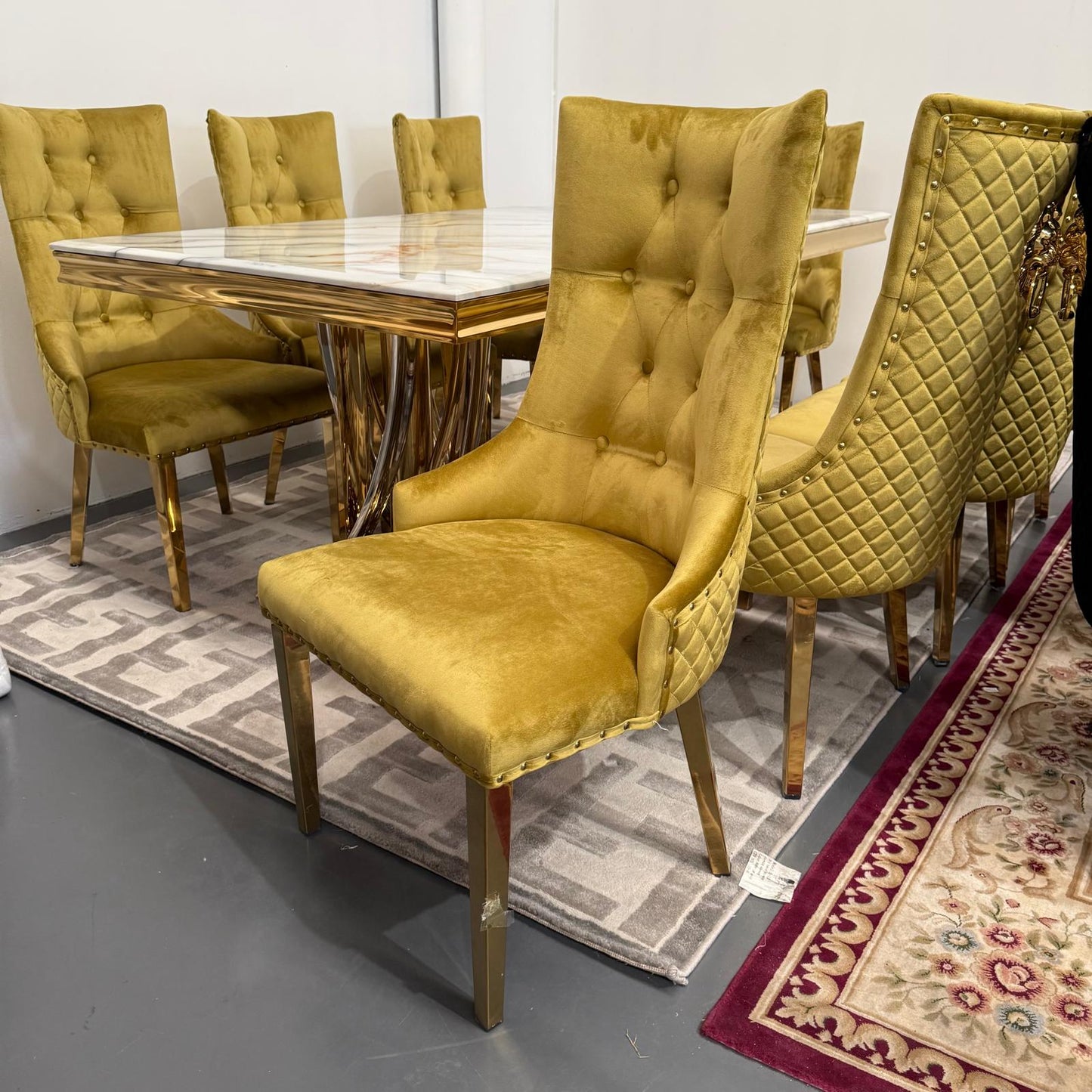 Elsa Faux Marble Dining Table + 8 Chairs Set - Gold