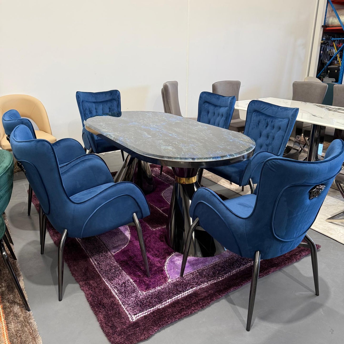 Luner Faux Marble Dining Table + 6 Chairs Set - Black