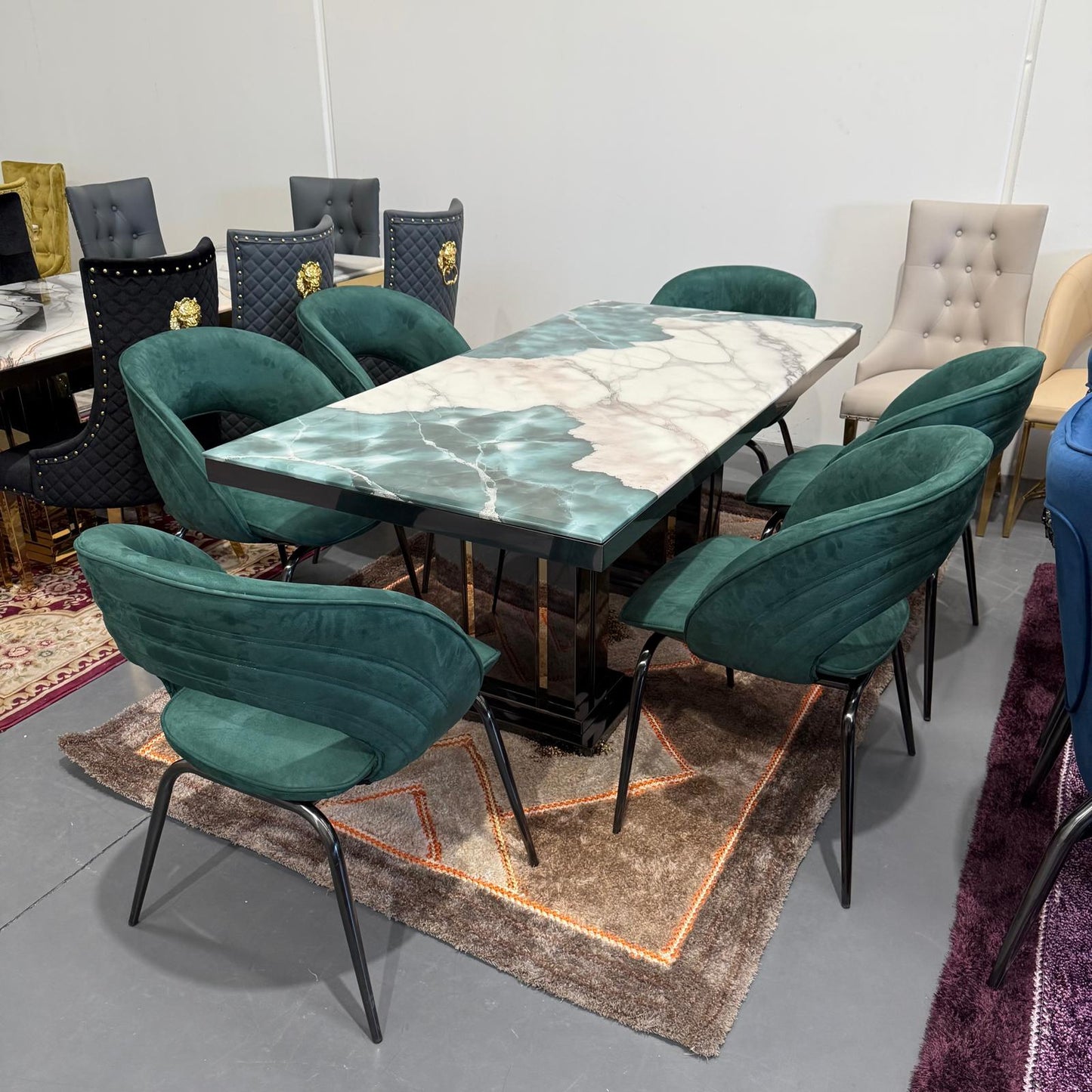 Ava Faux Marble Dining Table + 6 Chairs Set - Black/Green