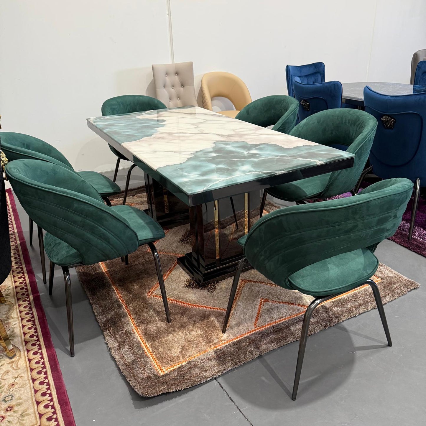 Ava Faux Marble Dining Table + 6 Chairs Set - Black/Green
