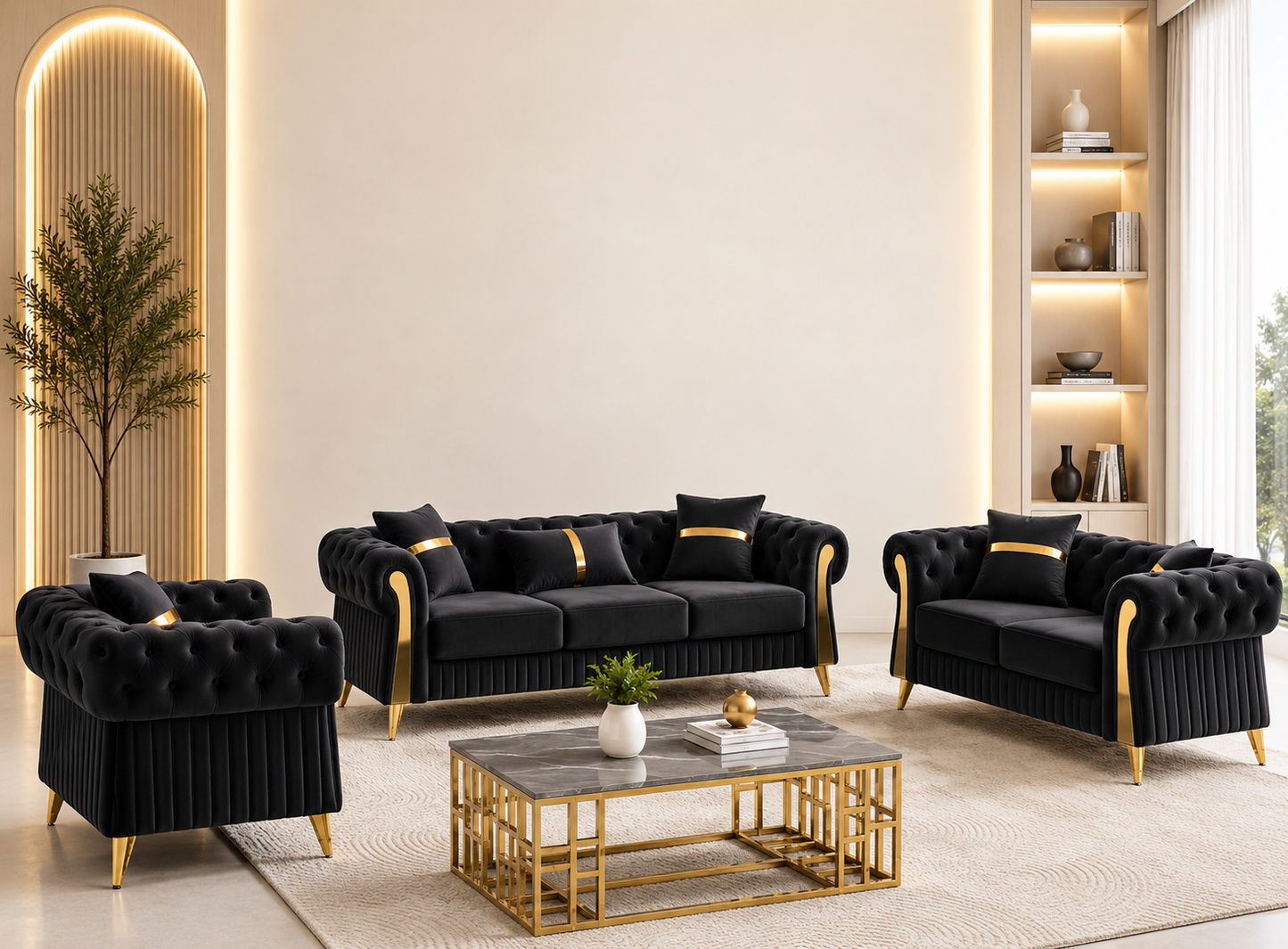 Haven Premium Velvet Luxury Gold Sofa Set