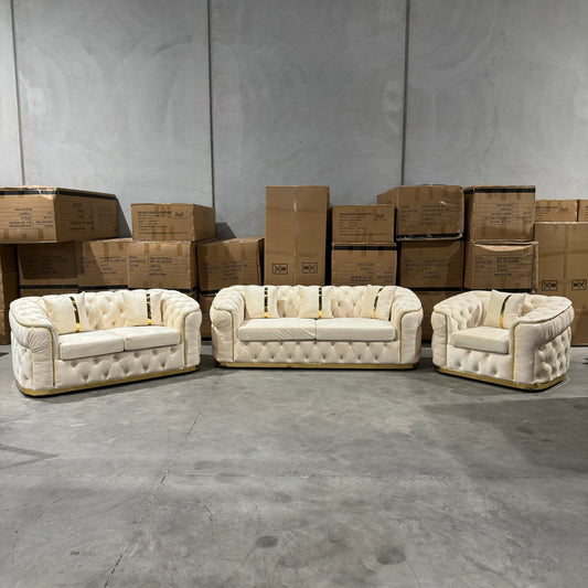 Florence 3+2+1 Seater Velvet Sofa Set - Biege Gold