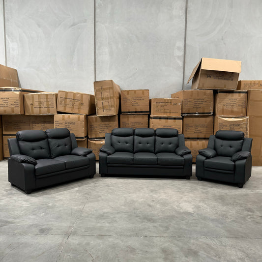 Bari 3+2+1 Leather Sofa Set - Full Black