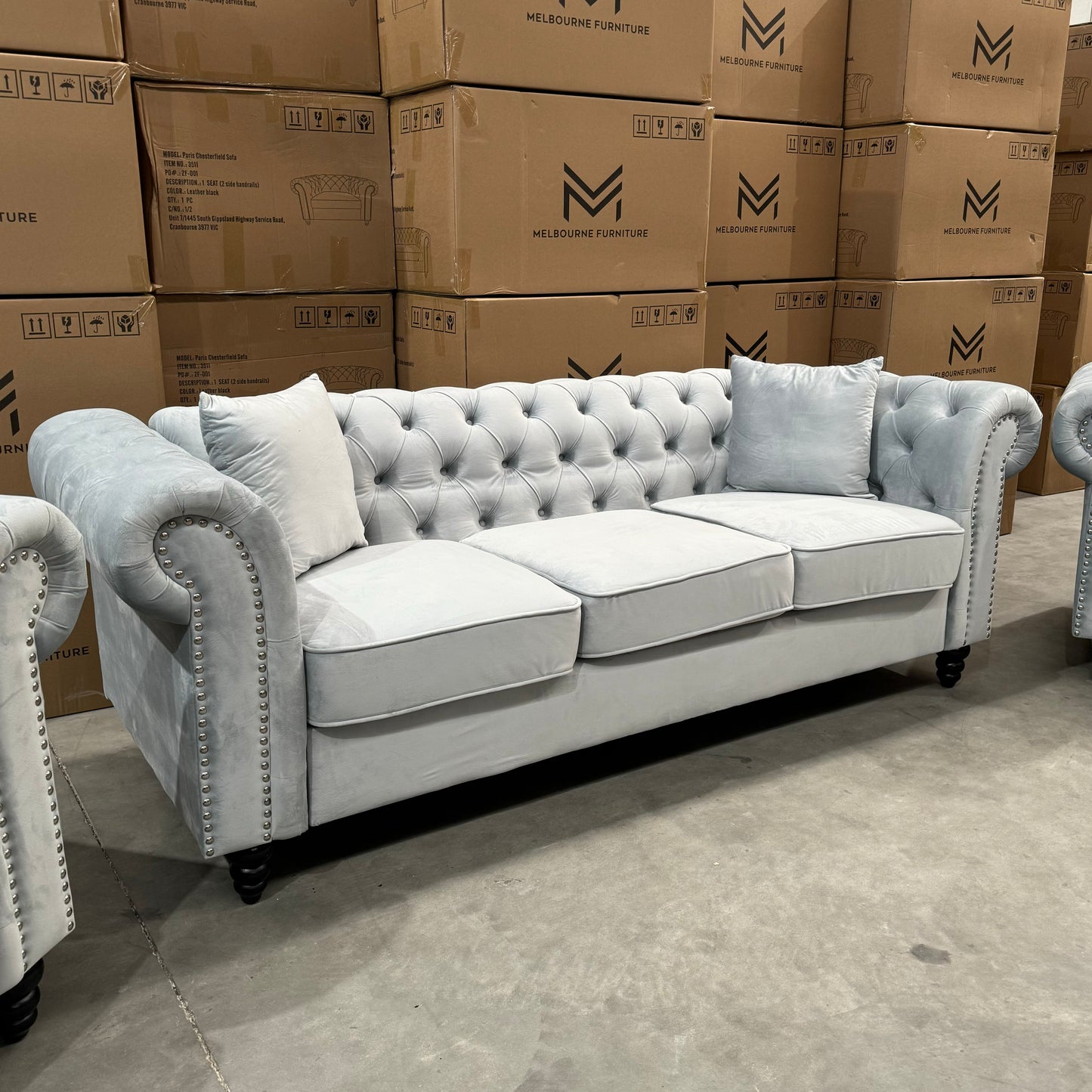 Paris Chesterfield 3+2+1 Seater Sofa Set - Light Grey Velvet