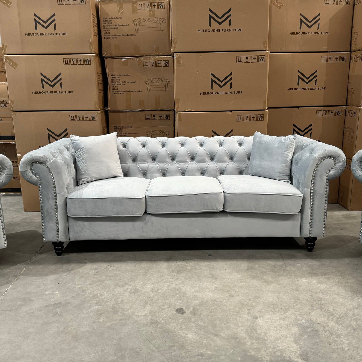 Paris Chesterfield 3+2+1 Seater Sofa Set - Light Grey Velvet