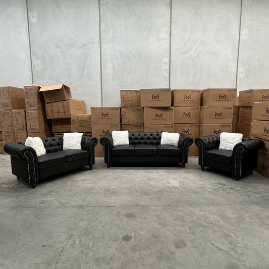 Paris Chesterfield 3+2+1 Seater Sofa Set - Black PU Leather