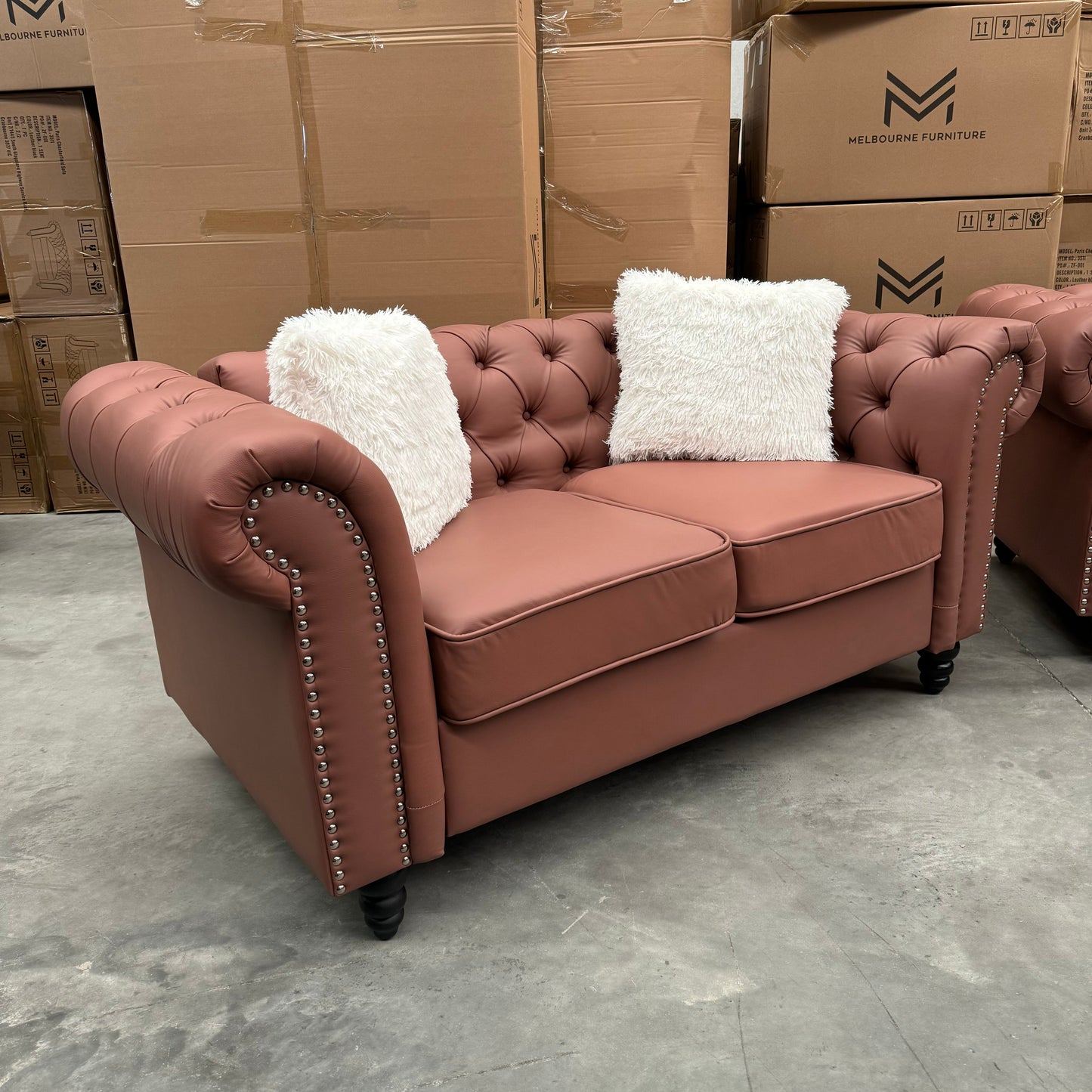 Paris Chesterfield 3+2+1 Seater Sofa Set - Brown Orange PU Leather