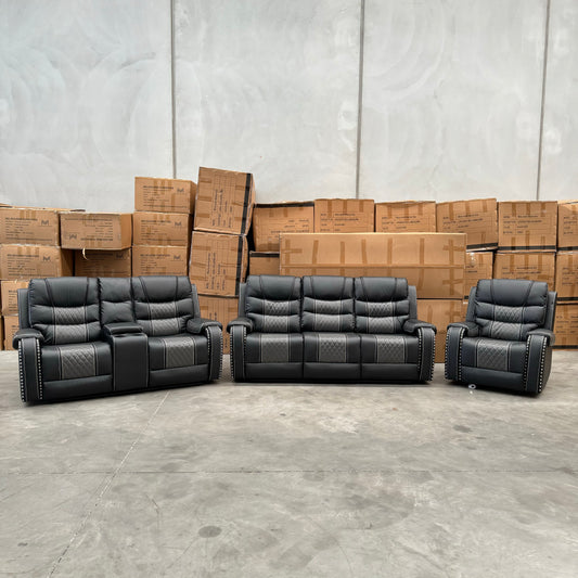 Milan 3+2+1 Seater Air Leather Recliner Sofa Set- Black/Grey