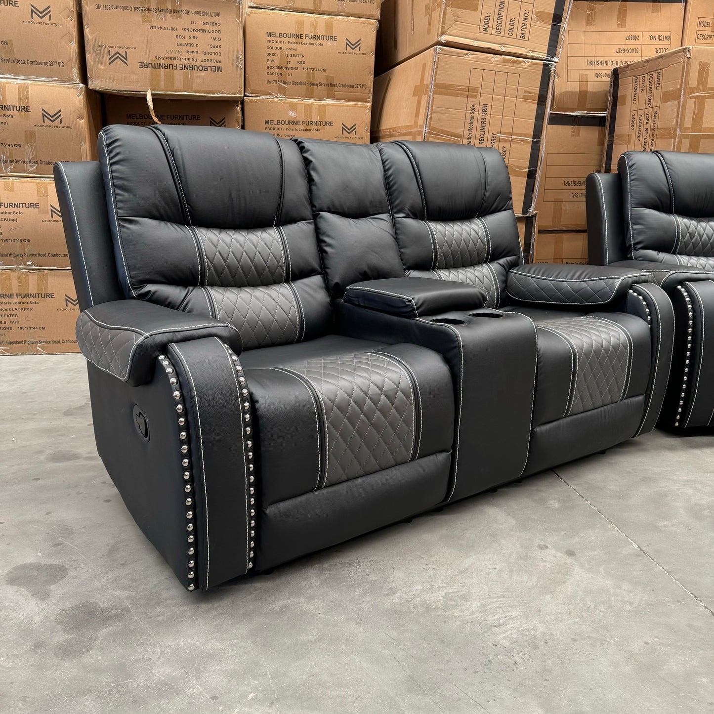 Milan 3+2+1 Seater Air Leather Recliner Sofa Set- Black/Grey