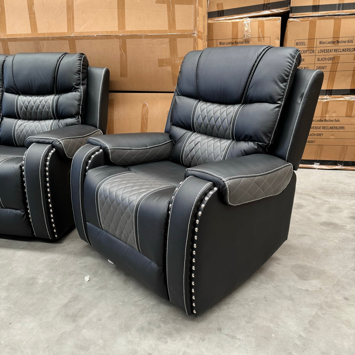 Milan 3+2+1 Seater Air Leather Recliner Sofa Set- Black/Grey