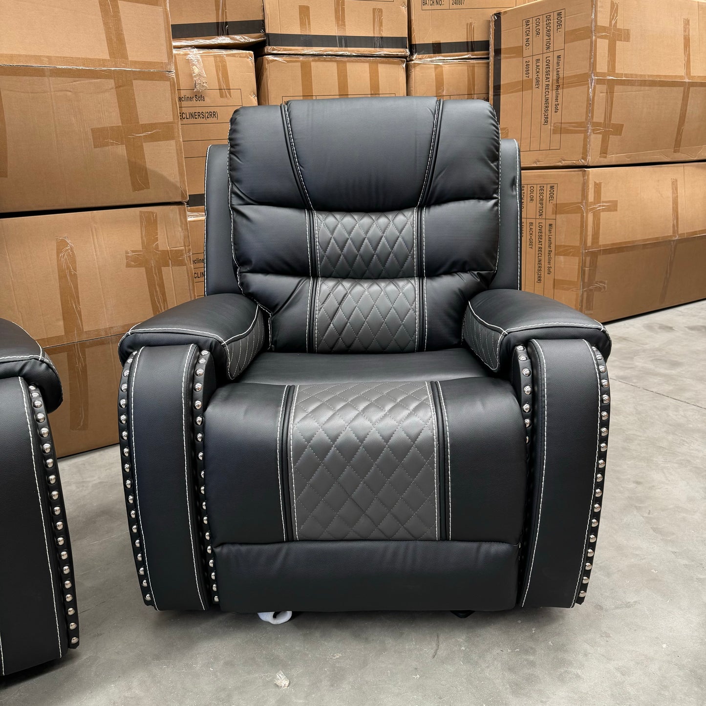 Milan 3+2+1 Seater Air Leather Recliner Sofa Set- Black/Grey