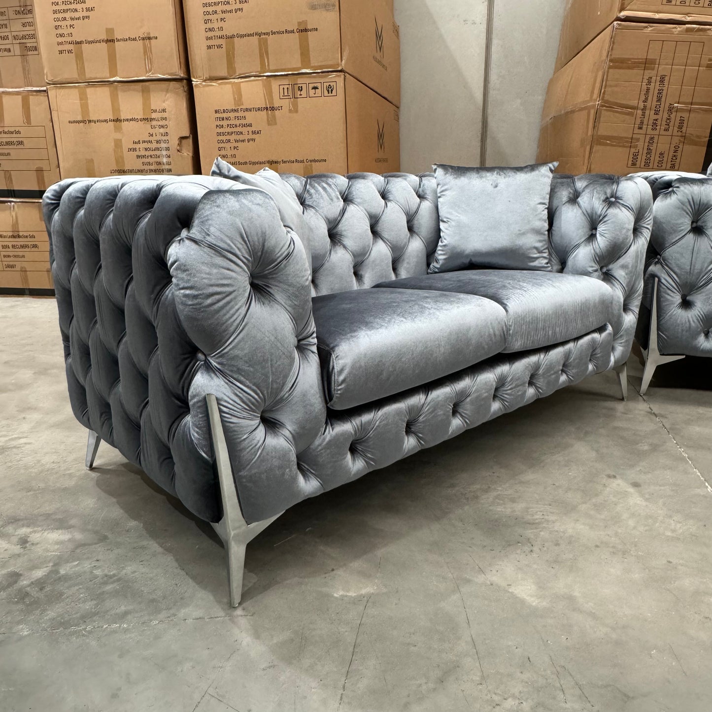 Verona 3+2+1 Seater Velvet Sofa Set - Silver Grey