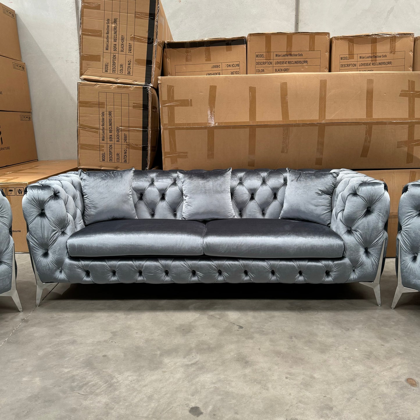 Verona 3+2+1 Seater Velvet Sofa Set - Silver Grey