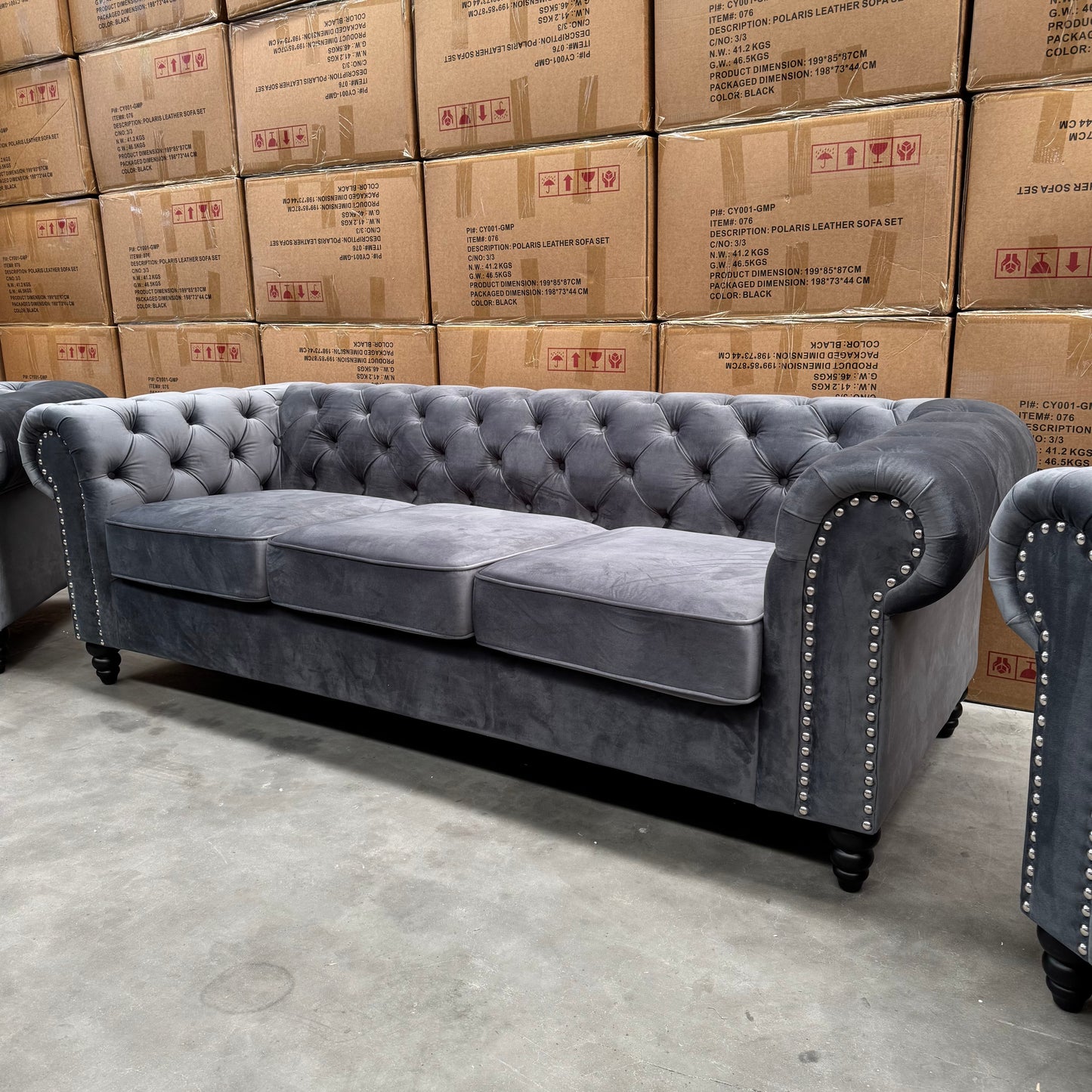 Paris Chesterfield 3+2+1 Seater Sofa Set - Grey Velvet