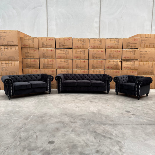 Paris Chesterfield 3+2+1 Seater Sofa Set - Black Velvet