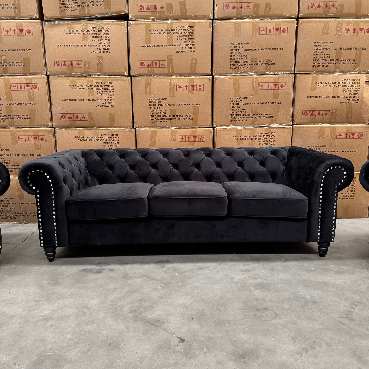 EX-DISPLAY Paris Chesterfield 3+2+1 Seater Sofa Set - Black Velvet