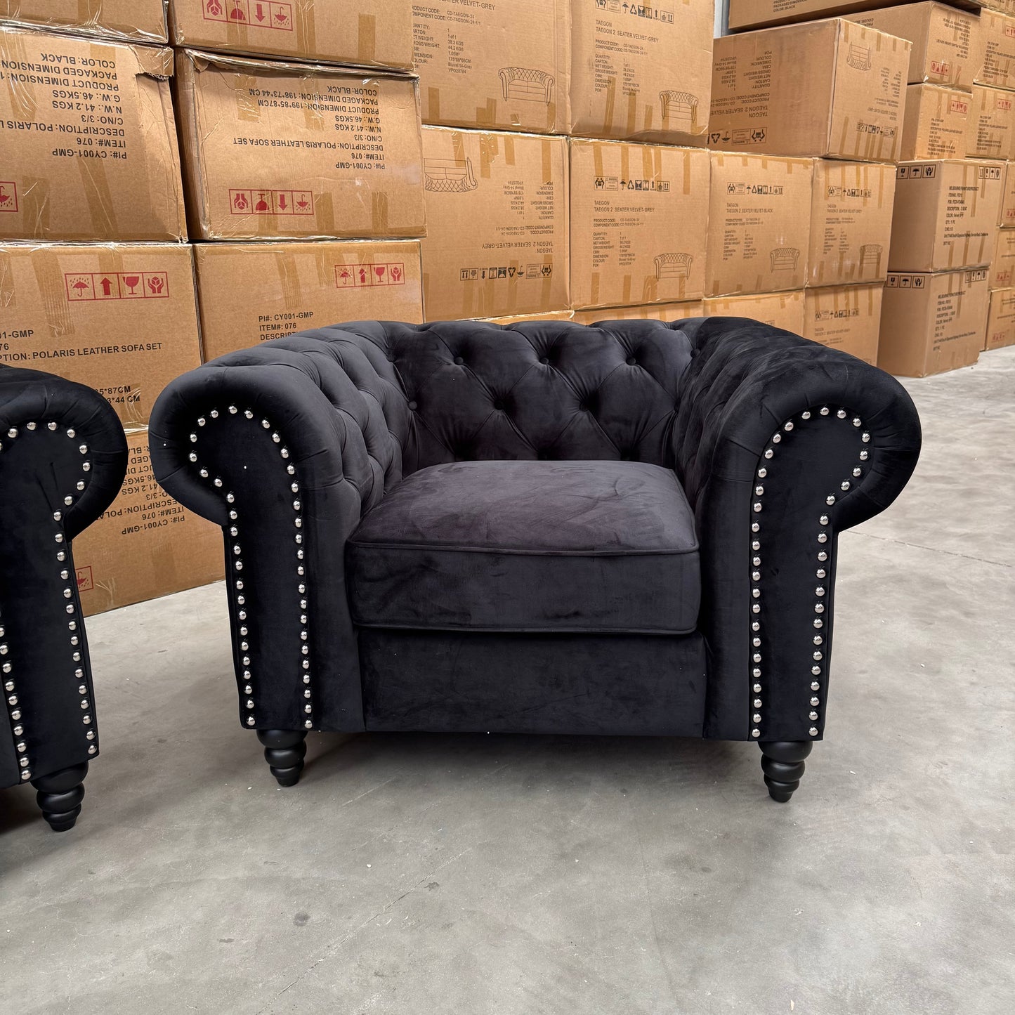 EX-DISPLAY Paris Chesterfield 3+2+1 Seater Sofa Set - Black Velvet