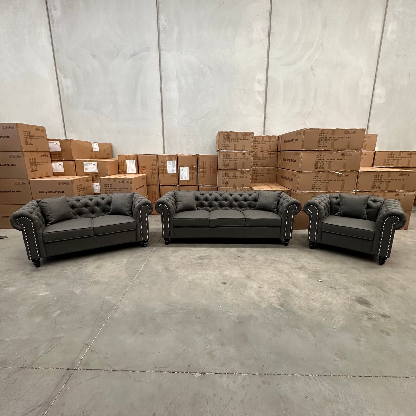 Paris Chesterfield 3+2+1 Seater Sofa Set - Charcoal Linen