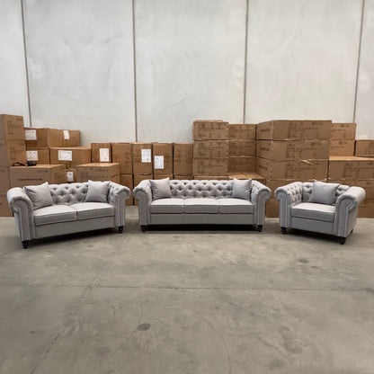 Paris Chesterfield 3+2+1 Seater Sofa Set - Light Grey Linen