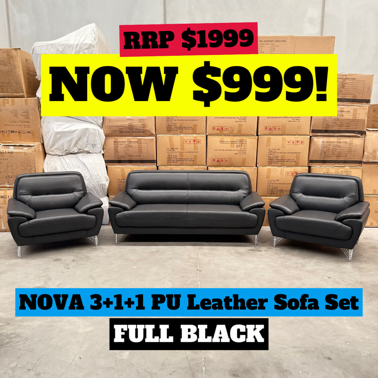 Nova 3+1+1 Seater PU Leather Sofa Set - Full Black