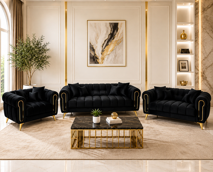 Verona 3+2+1 Black Velvet Sofa Set