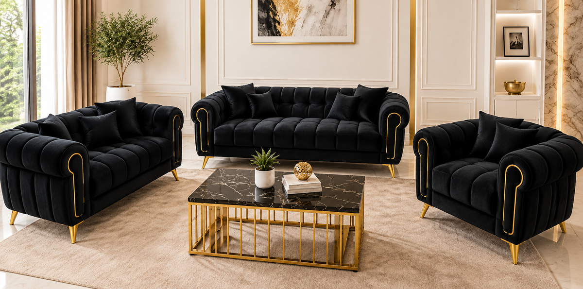 Verona 3+2+1 Black Velvet Sofa Set