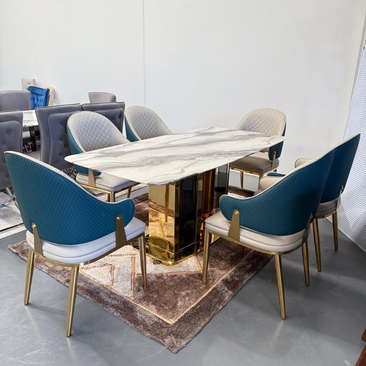 Selena Faux Marble Dining Table + 6 Chairs Set - Gold