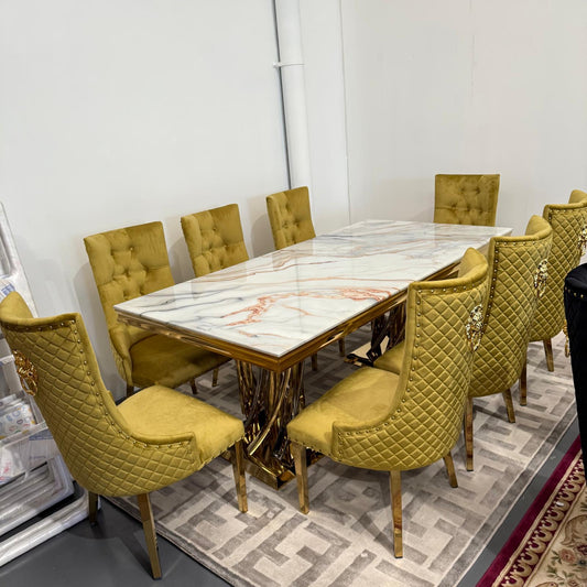 Elsa Faux Marble Dining Table + 8 Chairs Set - Gold