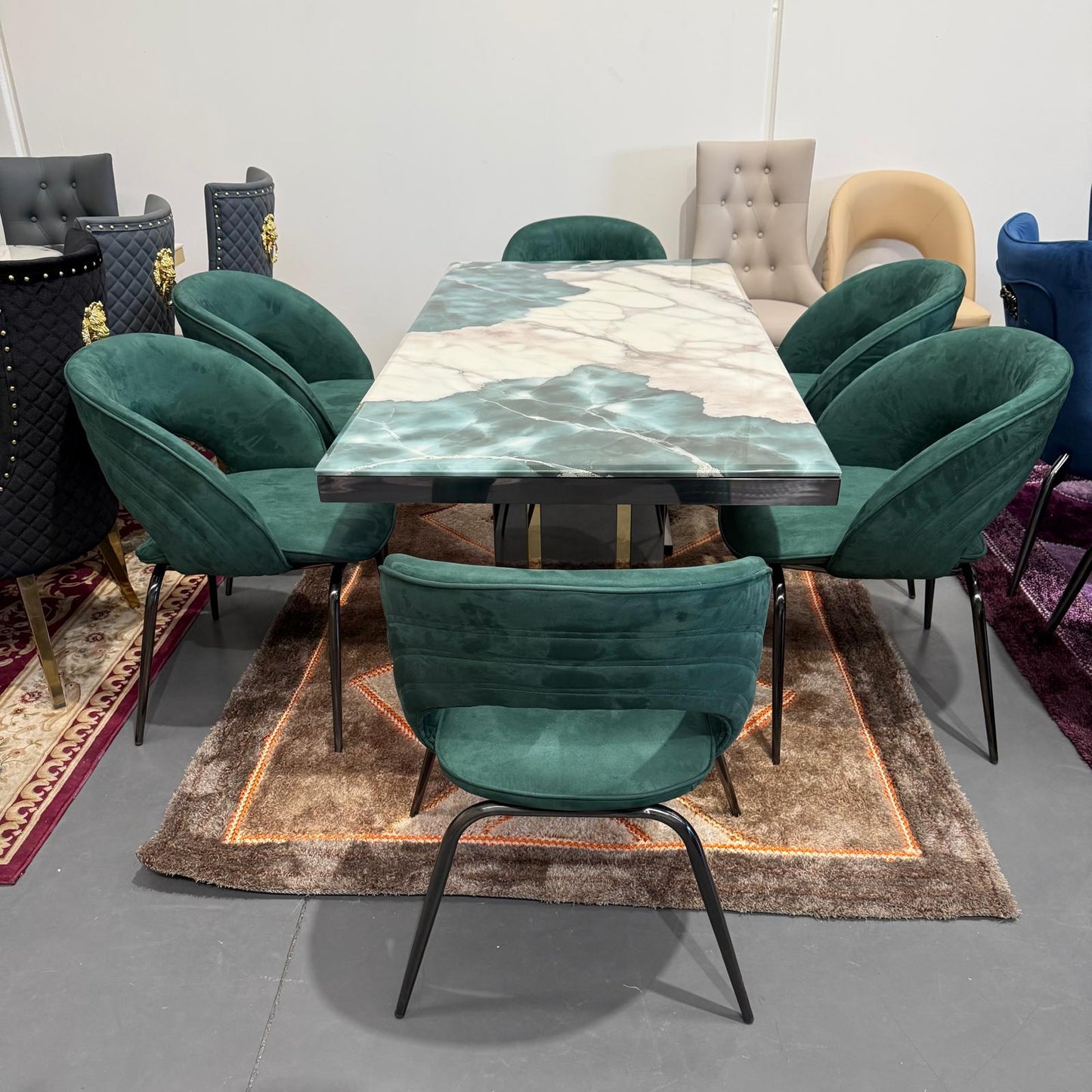 Ava Faux Marble Dining Table + 6 Chairs Set - Black/Green
