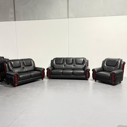 Hearth 3+2+1 Seater Genuine Leather Sofa Set - Black